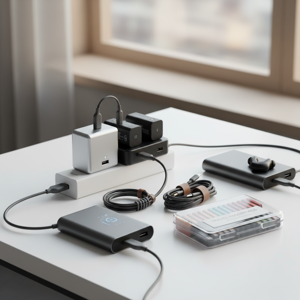 Travel vlogger charging camera batteries and organizing memory cards with a power bank and cable kit