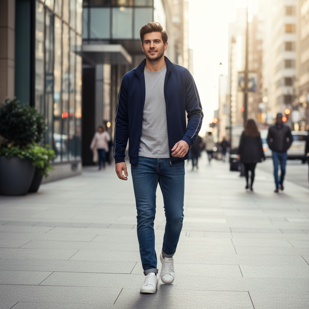 Men wearing a sport casual track jacket with jeans and sneakers