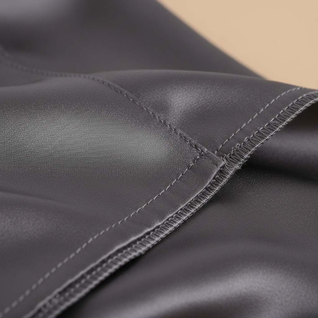 Close-up of satin pajama fabric showing smooth weave and stitching detail