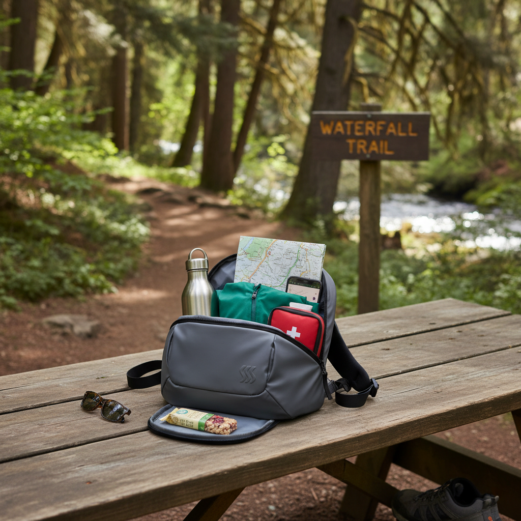Close-up of hiking essentials for an easy waterfall trail daypack