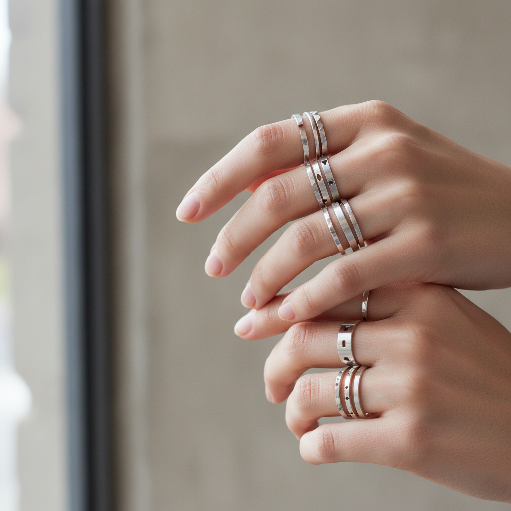 Close-up of hands styling stackable silver rings with mixed finishes on a neutral background
