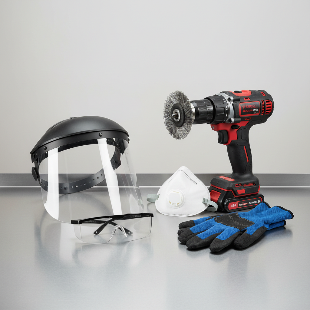 Safety gear for wire wheel brush for drill rust removal