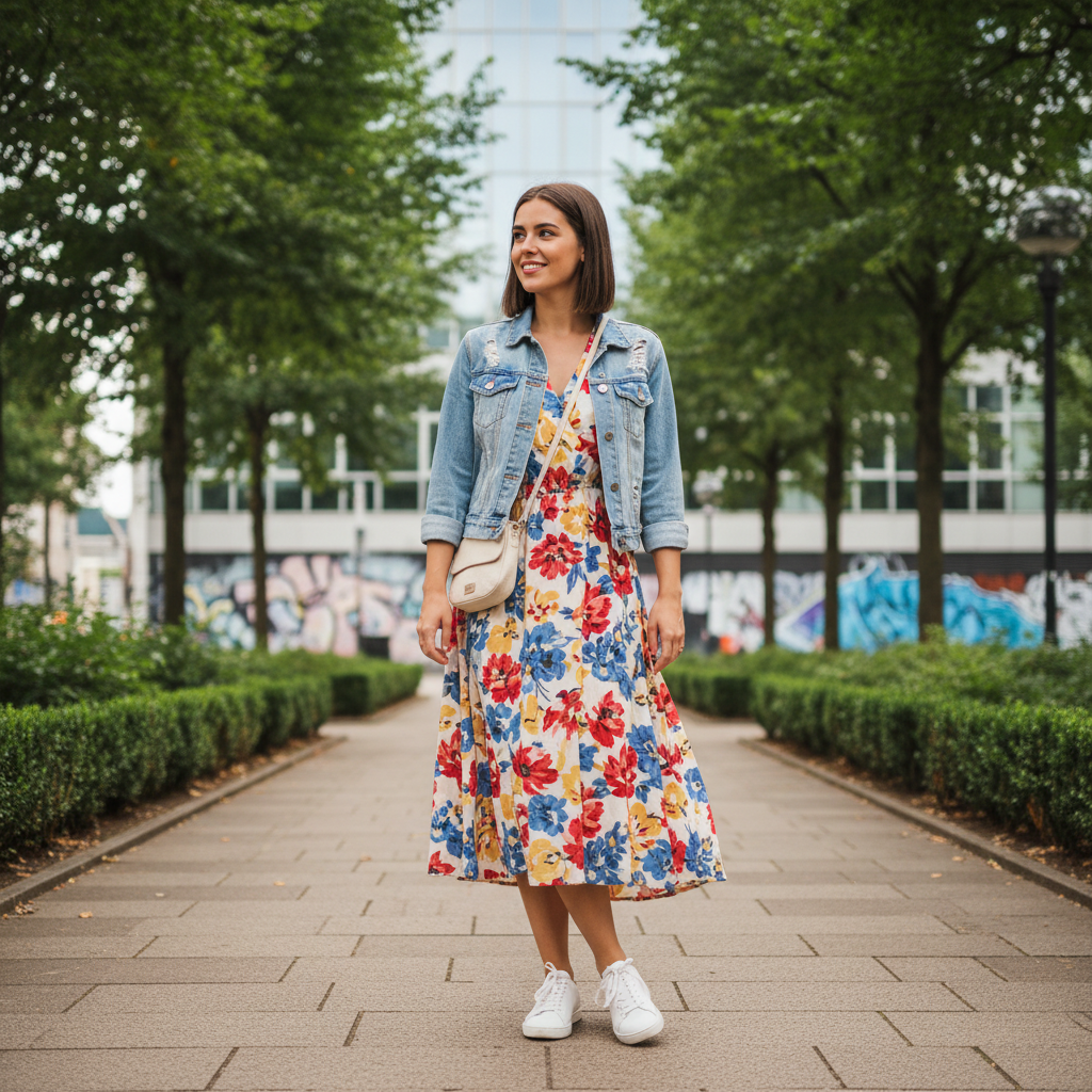 Casual floral dress summer outfit with denim jacket and sneakers