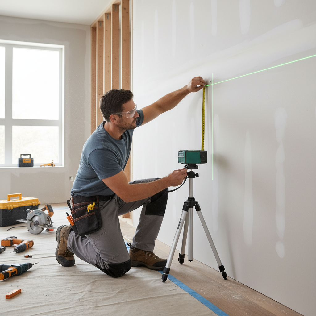 Contractor checking laser level line projector accuracy with wall marks and a tape measure