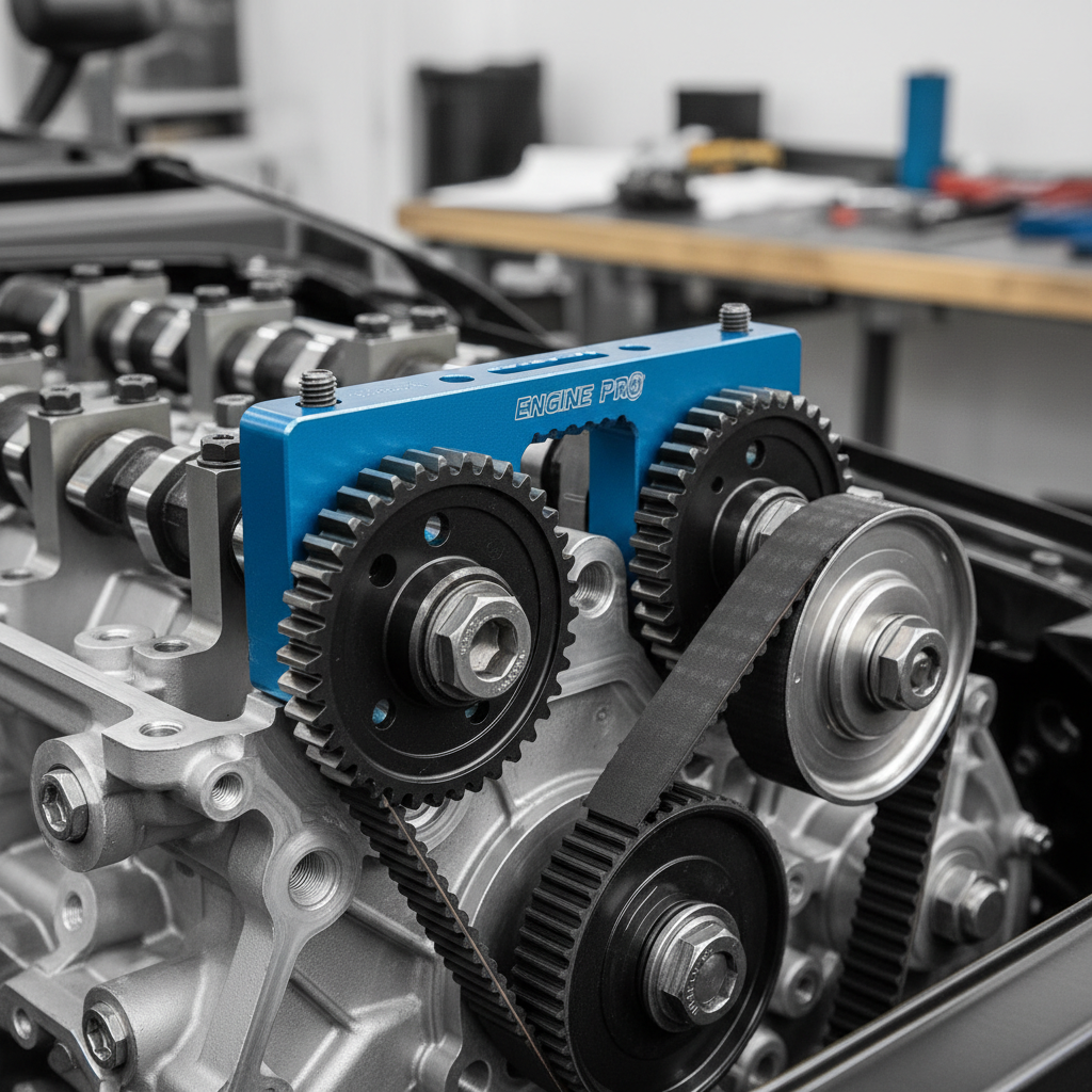 Close-up of camshaft locking plate installed on a DOHC engine during timing belt service