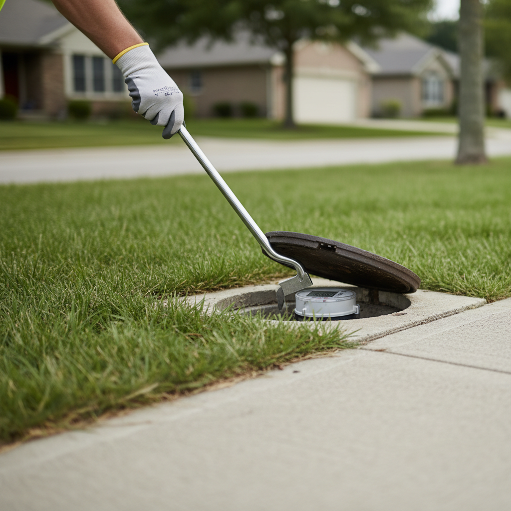 Homeowner opening a curb box with a meter key tool near a water meter
