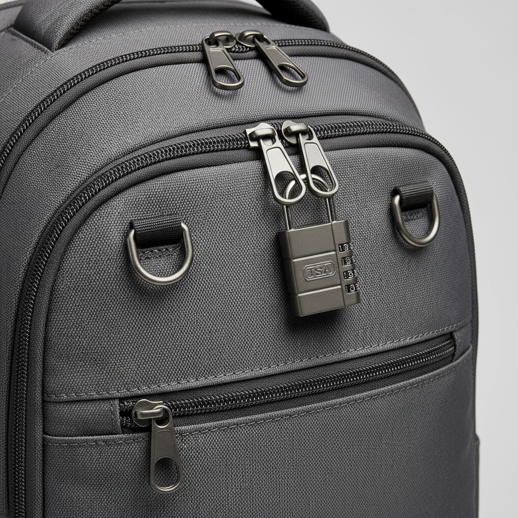 Close-up of lockable zippers and hidden pocket on an anti theft travel backpack