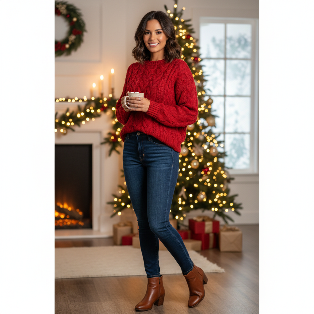 Red cozy Christmas outfit idea with sweater and boots for women