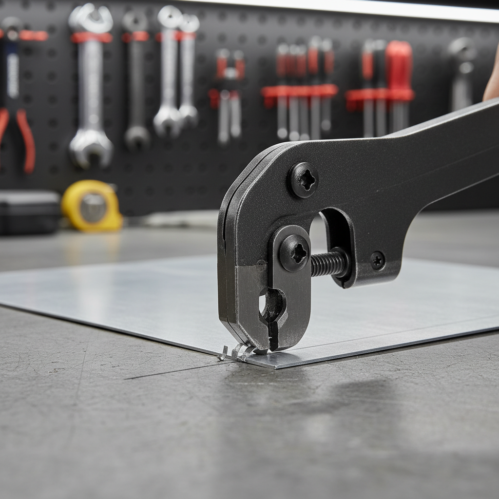 Hand nibbler metal cutter making a straight cut on sheet metal with a marked line