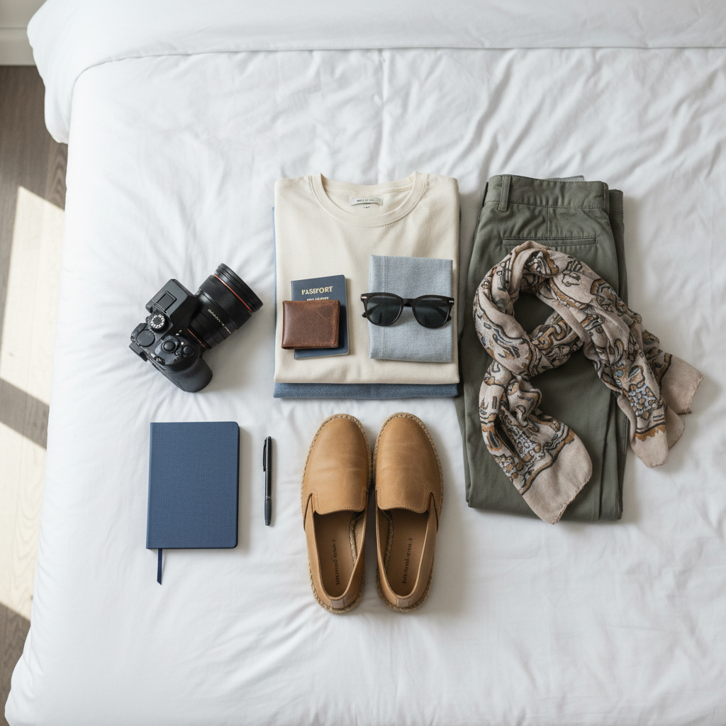 Traveler packing modest clothing and a scarf for a monastery visit