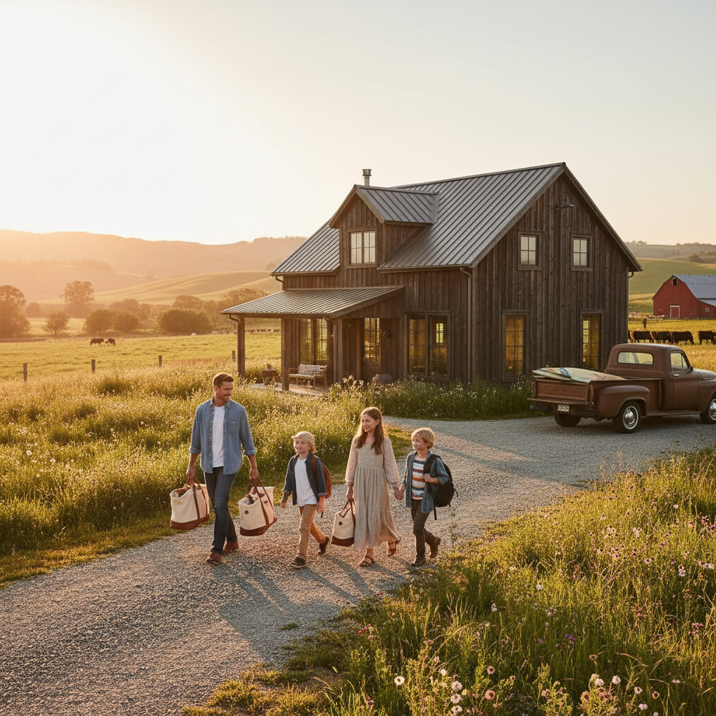 Family arriving at a farm stay lodging with kids and luggage