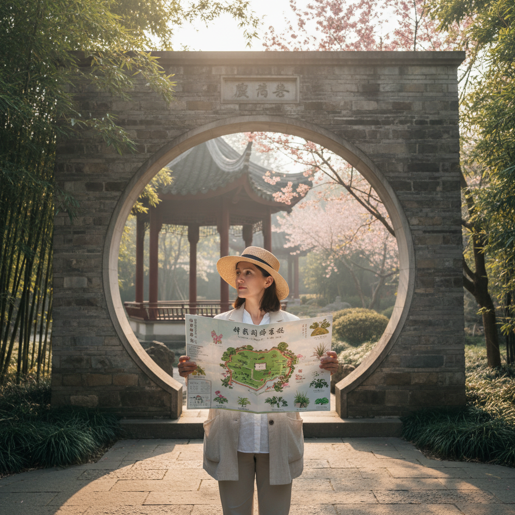 Traveler reading garden map near moon gate and pavilion