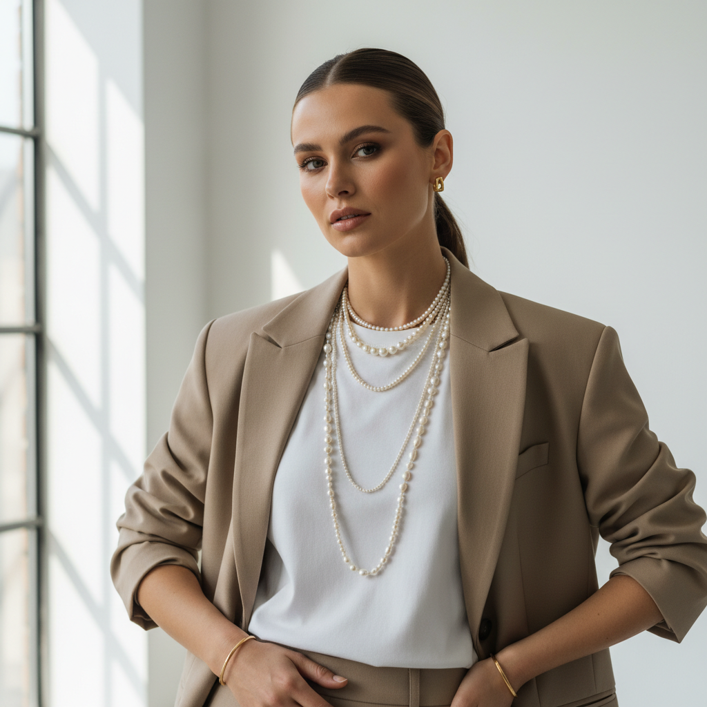Modern pearl jewelry outfit with blazer and layered necklaces