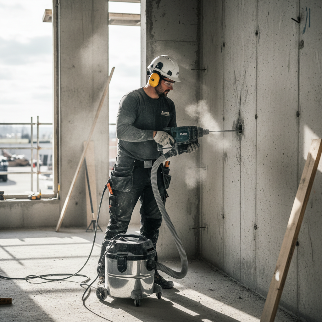 Contractor drilling into concrete with hammer drill and dust control while preparing a pilot hole for concrete screws