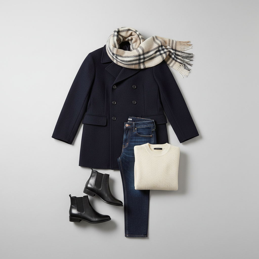 Flat lay outfit styling with a navy pea coat, scarf, jeans, and ankle boots