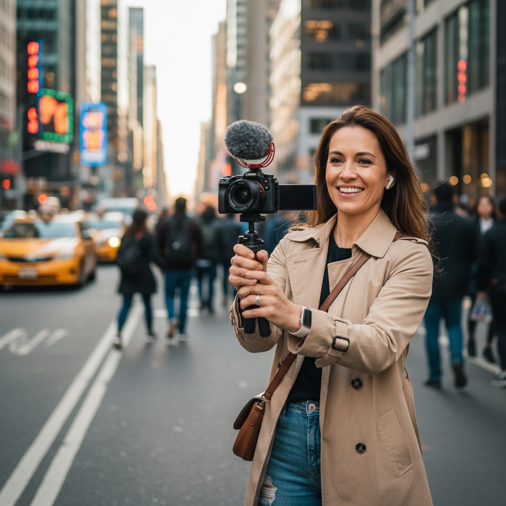 Traveler filming a street scene with a small camera on a handheld tripod and an on-camera microphone