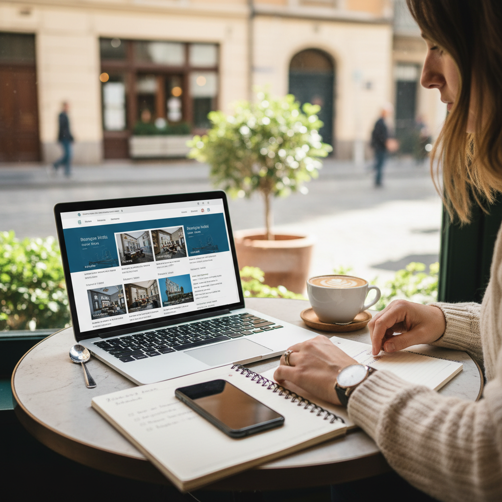 Traveler comparing boutique hotel listings on a laptop with a notebook checklist