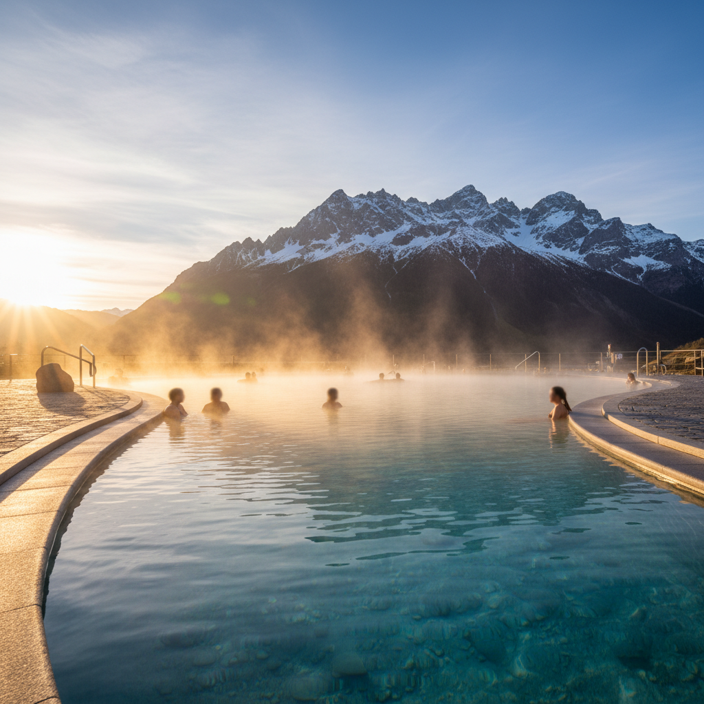Outdoor thermal pool in Europe with mountains and steam at sunset
