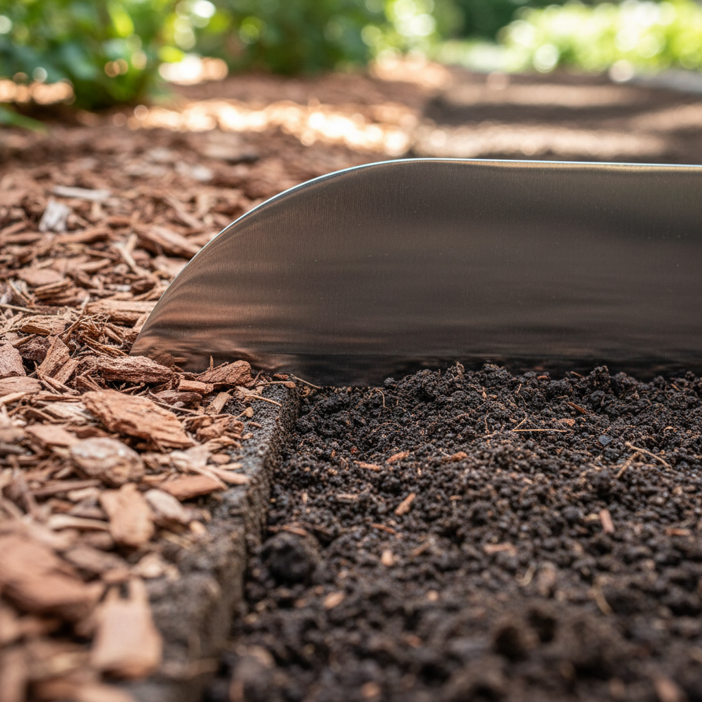 Close-up of a sharp manual hand garden edger blade creating a crisp soil wall edge next to mulch