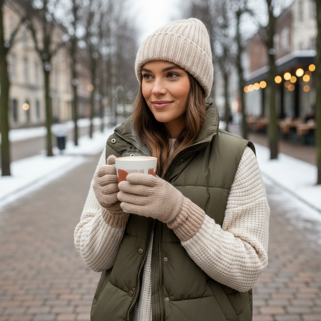 Cozy winter outfit with knit fingerless gloves and layered accessories
