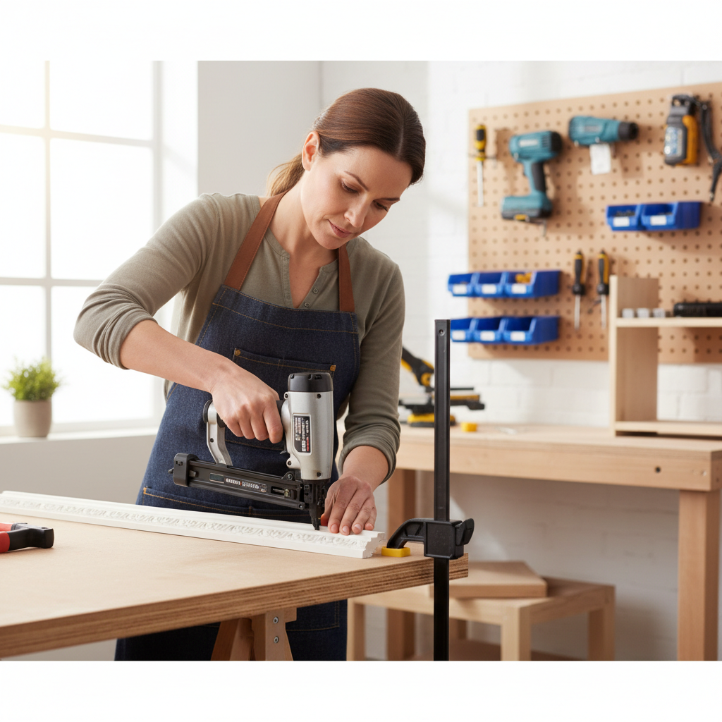 DIYer clamping trim and aligning a manual brad nailer for accurate nailing