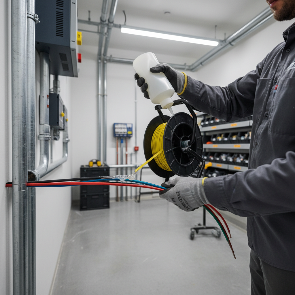 Electrician applying wire pulling lubricant during a conduit pull with fish tape