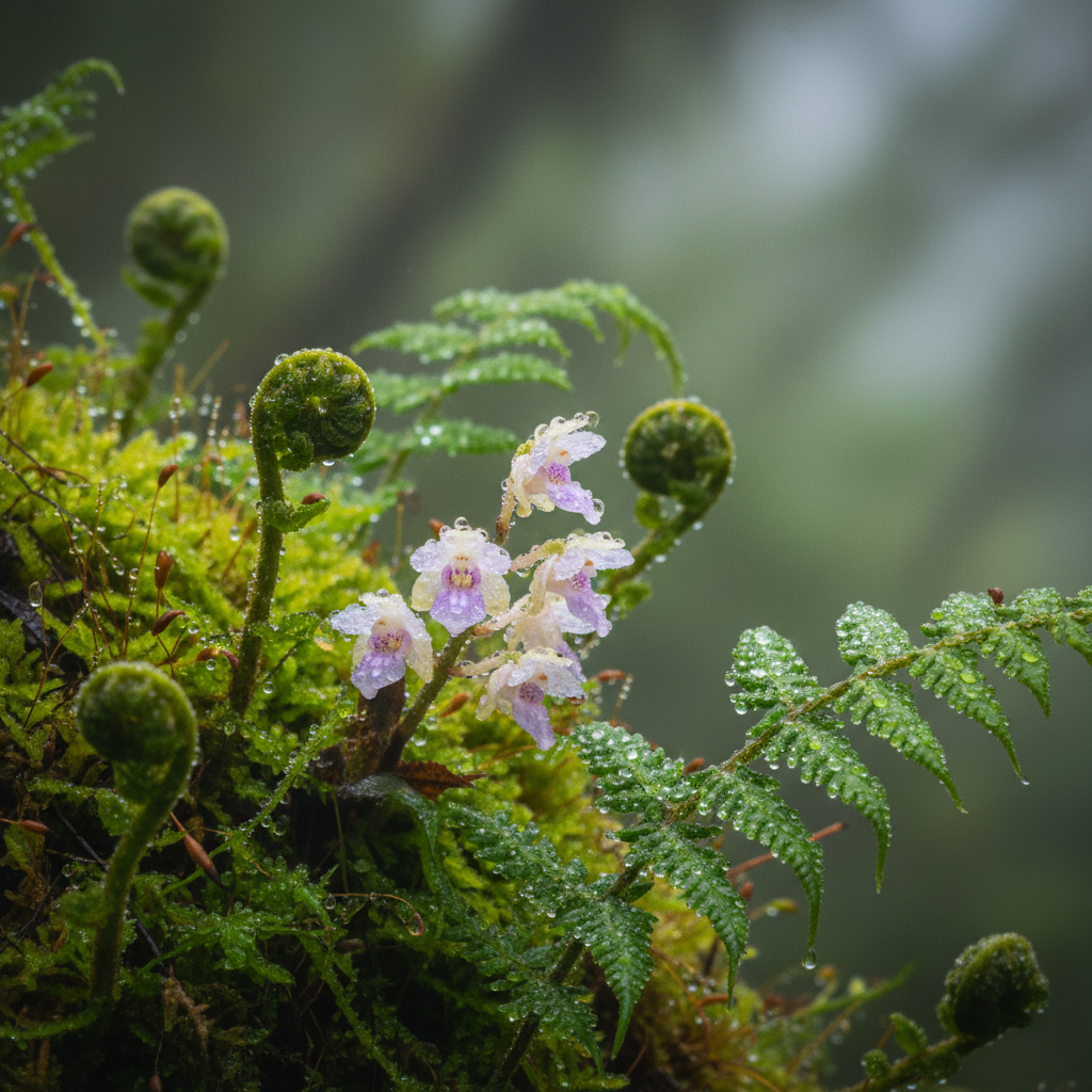 Close-up of cloud forest plants with orchids, moss, and water droplets