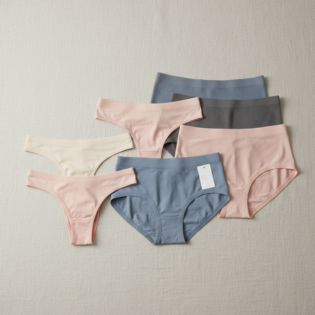 Flat lay of seamless underwear styles in neutral colors for soft comfort