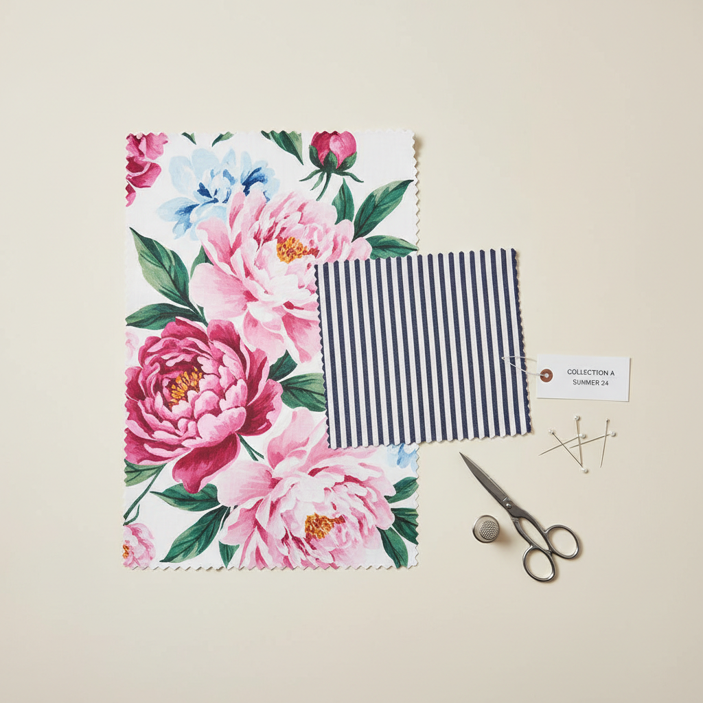 Pattern scale comparison showing large floral paired with thin stripes