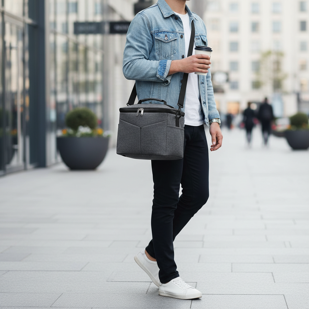 Insulated lunch bag travel in a city day trip with comfortable shoulder strap