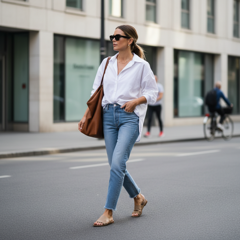 Street style look with slides sandals, denim, and oversized shirt