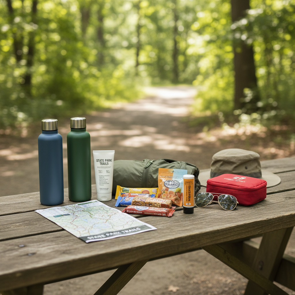 Packed day-trip essentials for a state park visit on a picnic table