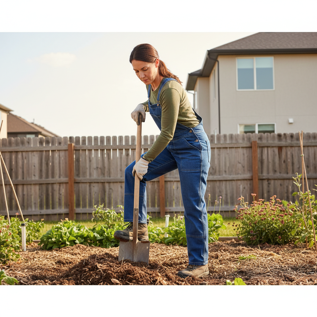 Proper digging posture using a round point garden shovel with foot on step