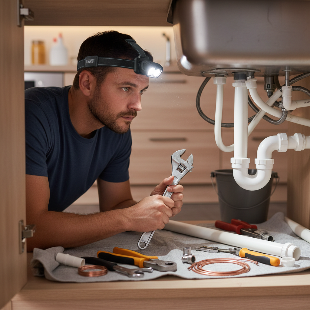 DIY homeowner wearing a hands-free work headlamp while fixing plumbing under a kitchen sink