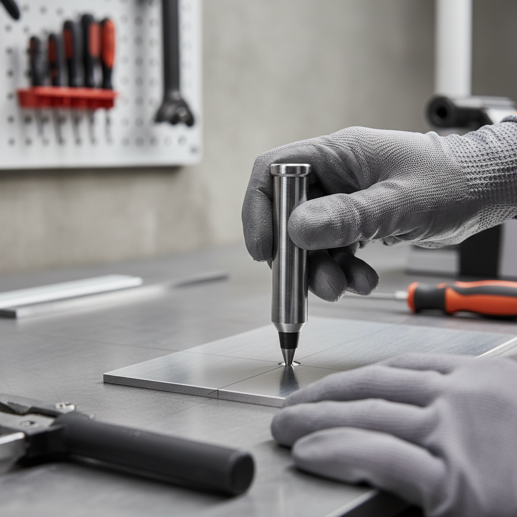 Metal center punch tool marking a drill start point on steel plate