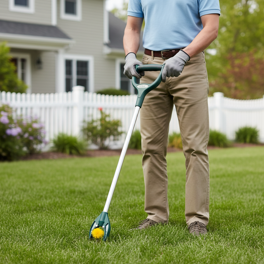 Person using a standing weed puller tool in a suburban lawn