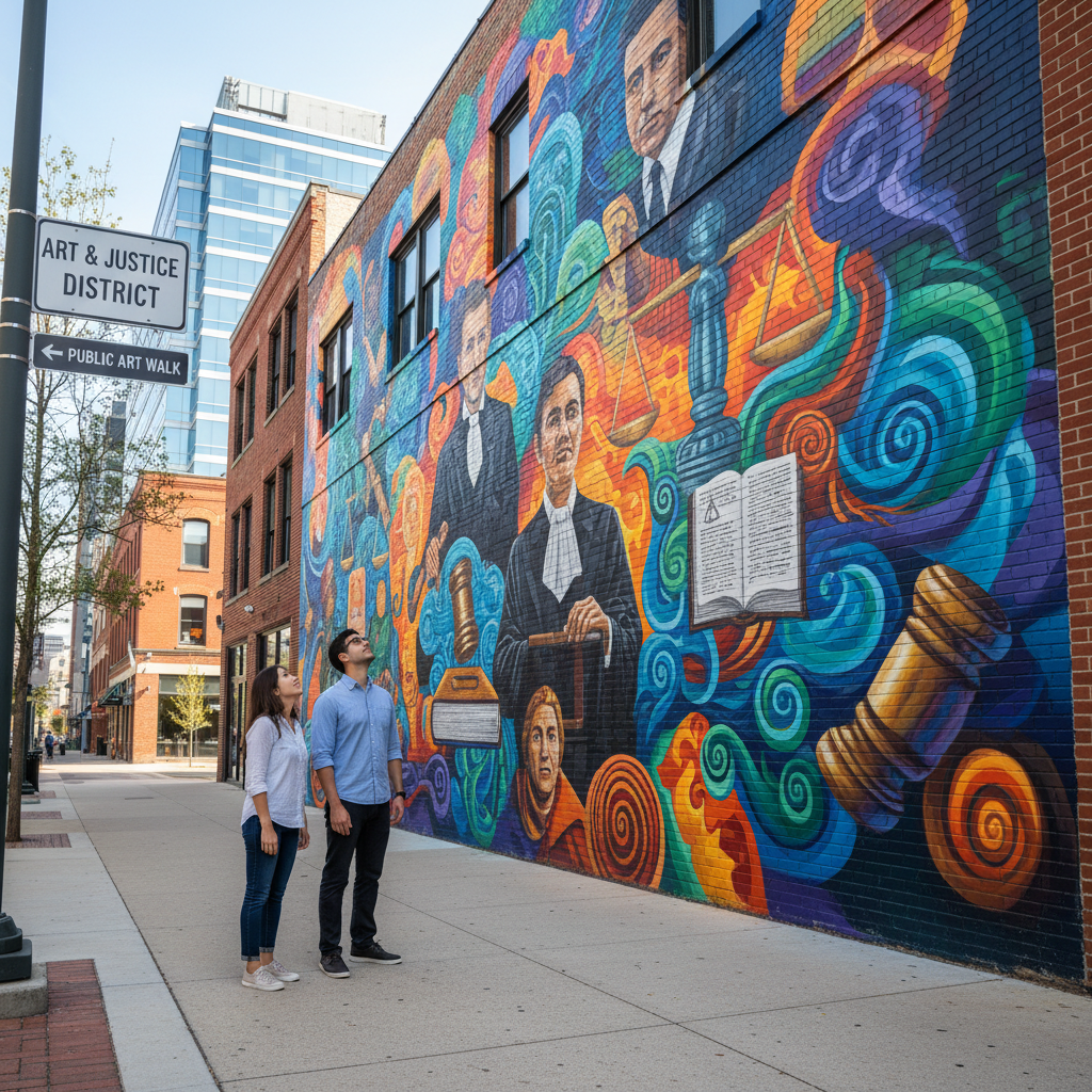 Travelers viewing a large legal street art mural in a city arts district