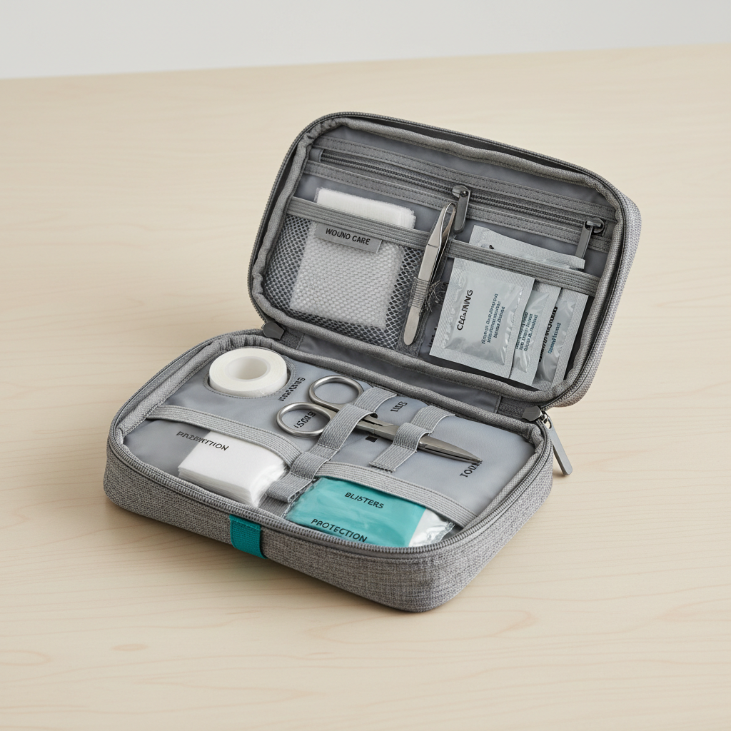 Compact travel first aid kit pouch with labeled compartments and supplies