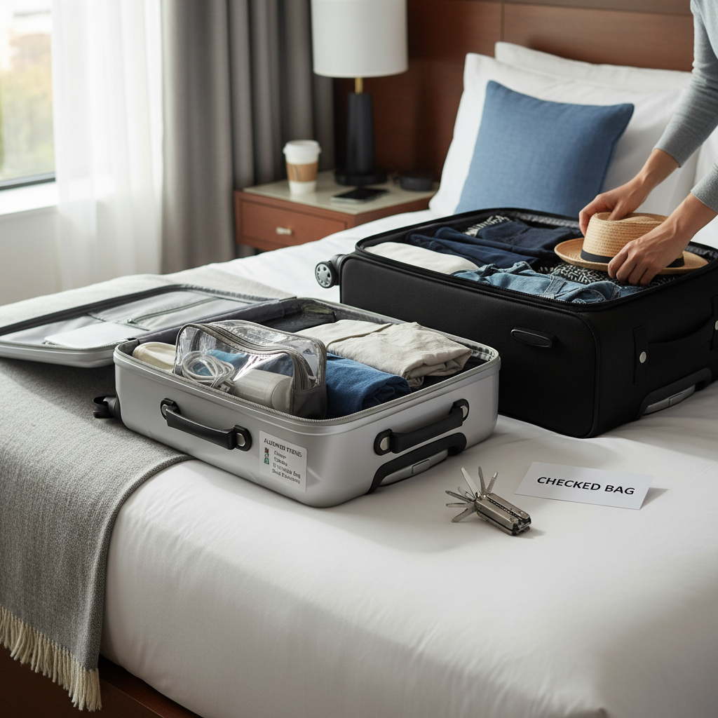 Traveler organizing carry-on vs checked bag items including a multi tool for airport compliance