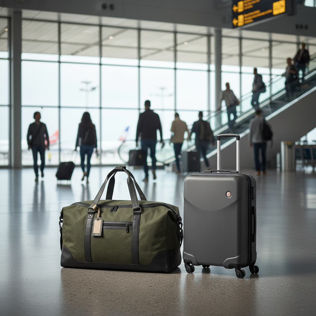 Waterproof duffel bag next to carry-on suitcase for size comparison in an airport