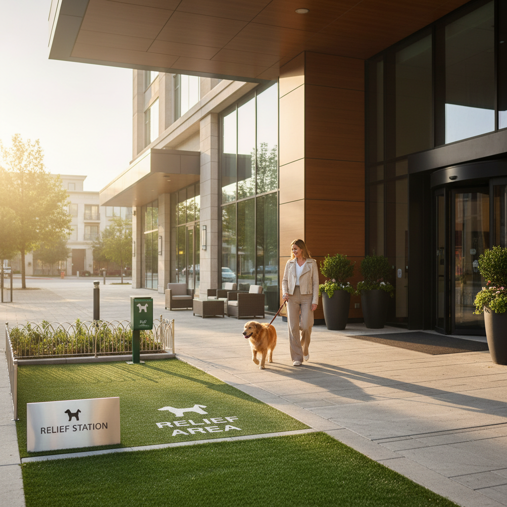 Pet owner walking a dog outside a hotel near a designated pet relief area