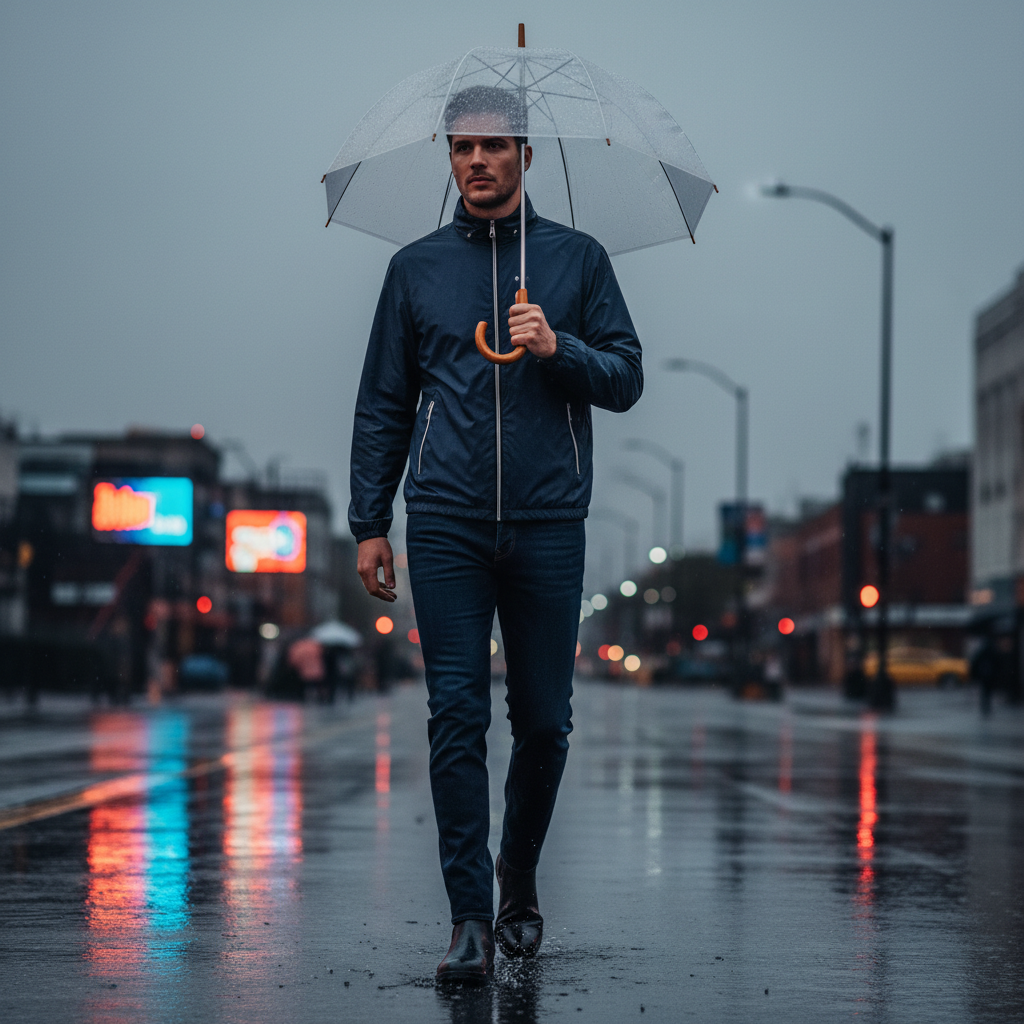 Rainy city outfit with nylon jacket windbreaker, jeans, and waterproof boots