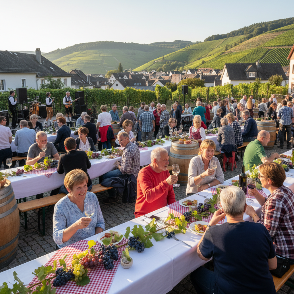 Small-town European wine harvest festival with vineyard backdrop