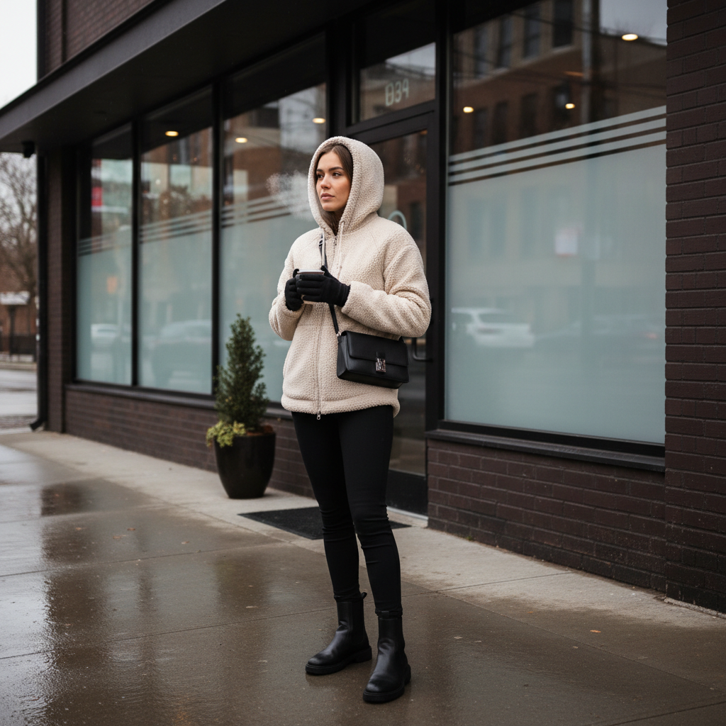 Monochrome fleece jacket cozy outfit with leggings and boots for winter errands