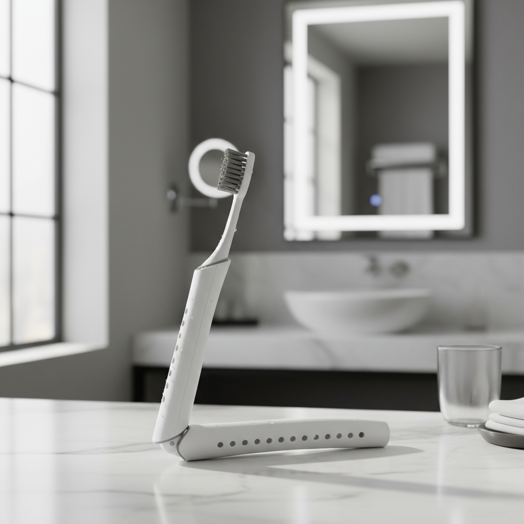 Foldable travel toothbrush drying on a clean countertop with ventilation
