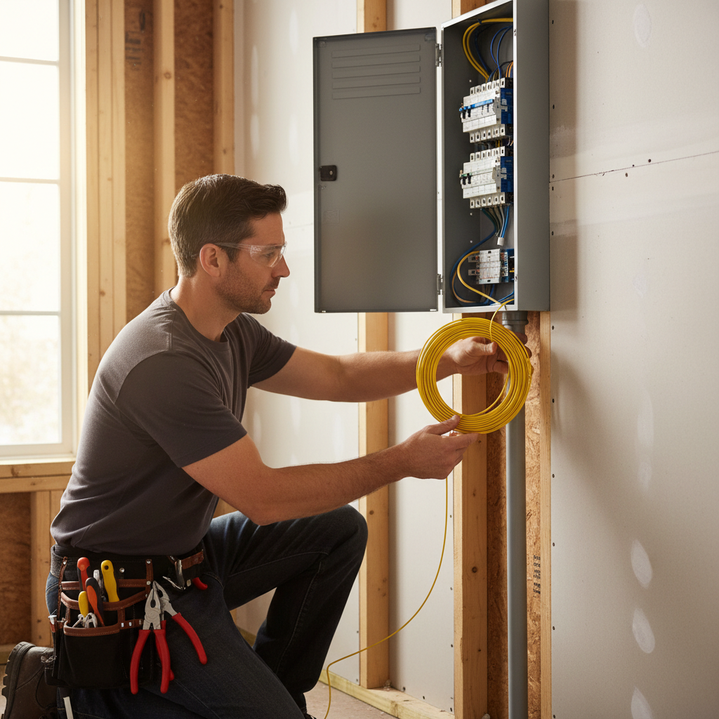 Electrician using fish tape to pull wire through conduit in a residential wall