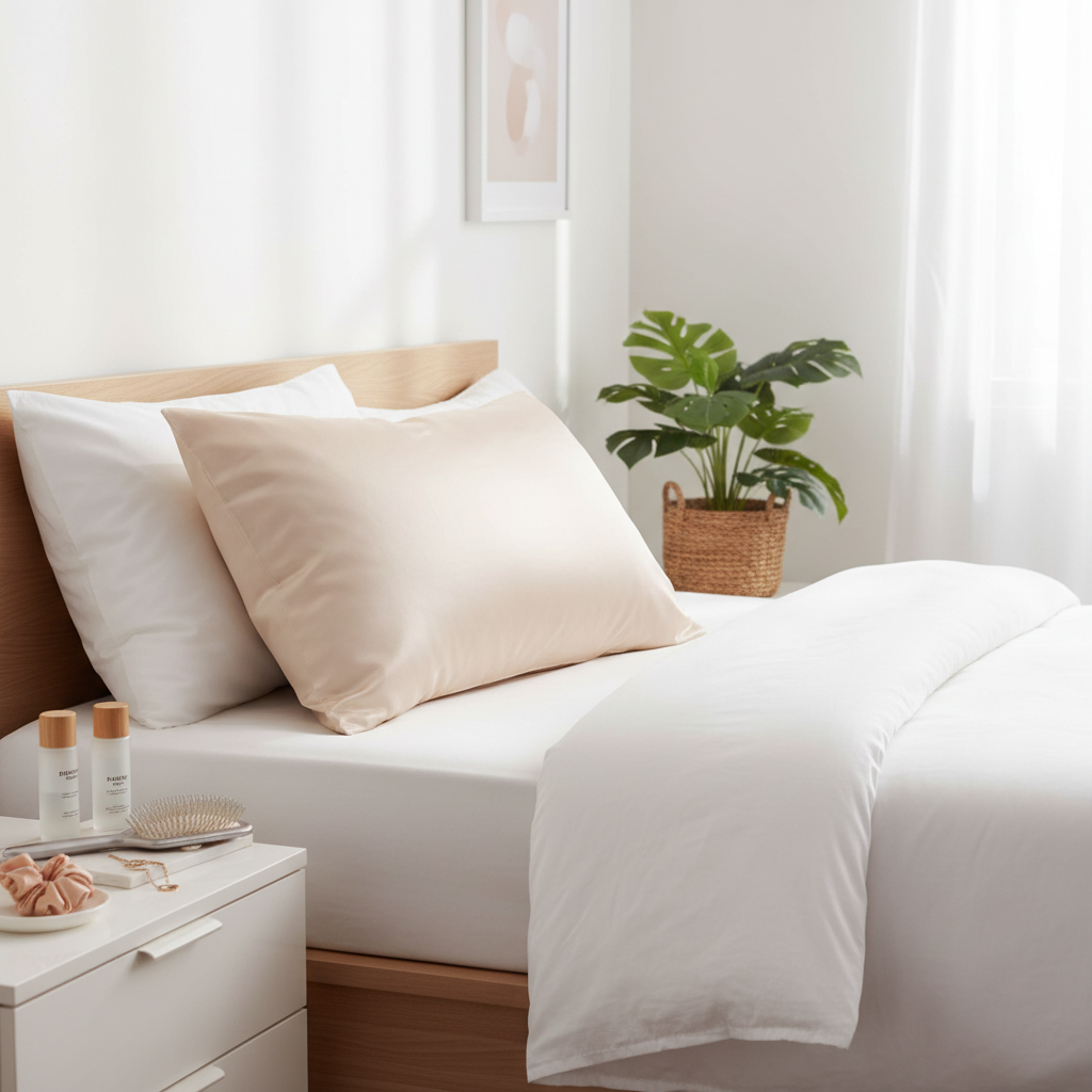 Satin pillowcase on a bed with hair and skincare products