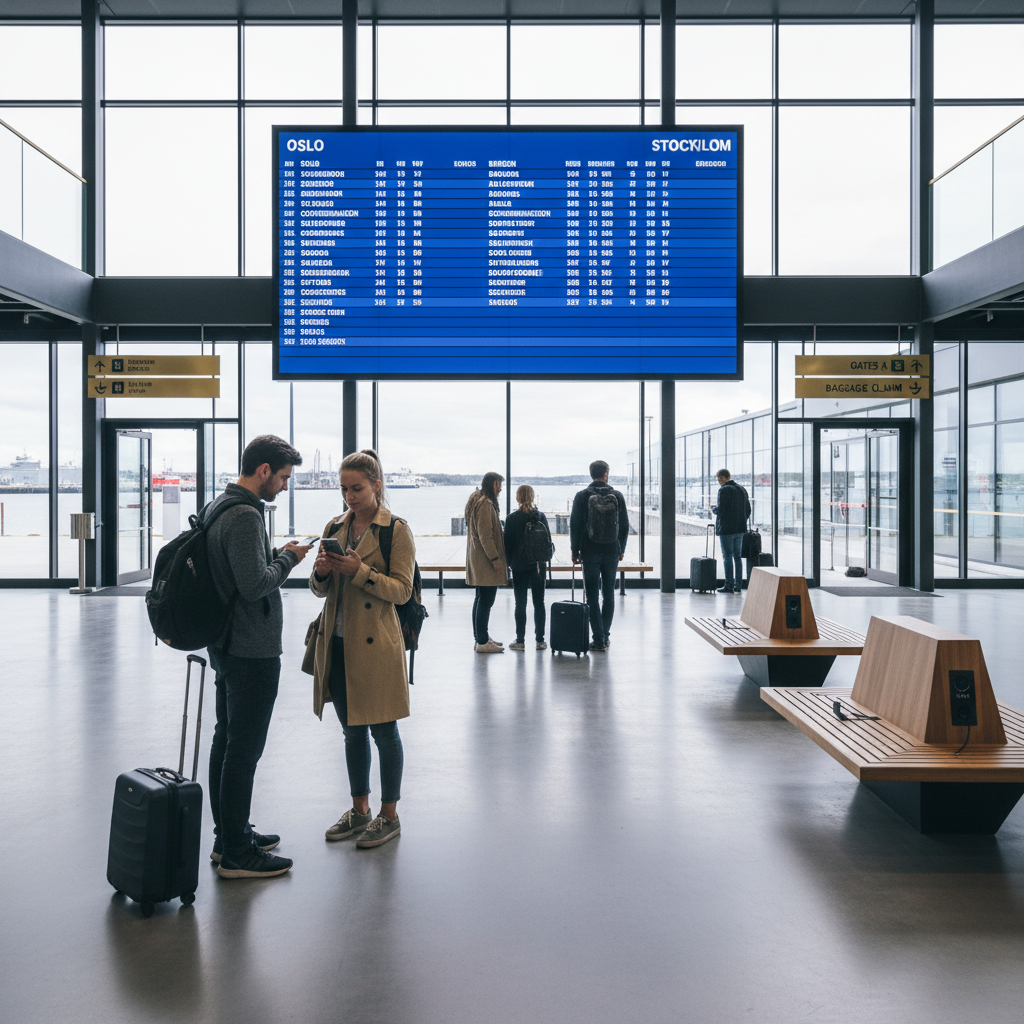 Ferry terminal departure board and travelers planning a short island trip