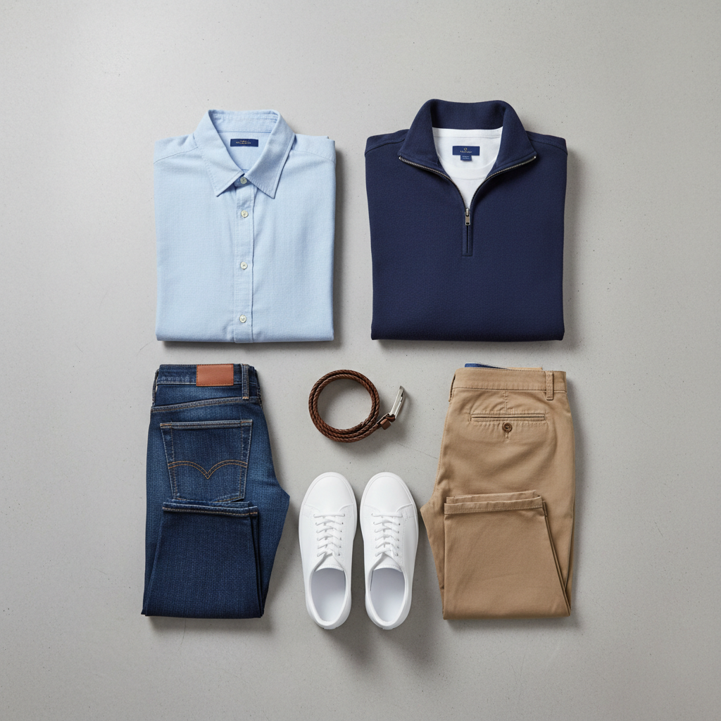Casual quarter zip pullover outfit flat lay with jeans, chinos, sneakers, and a button-down shirt