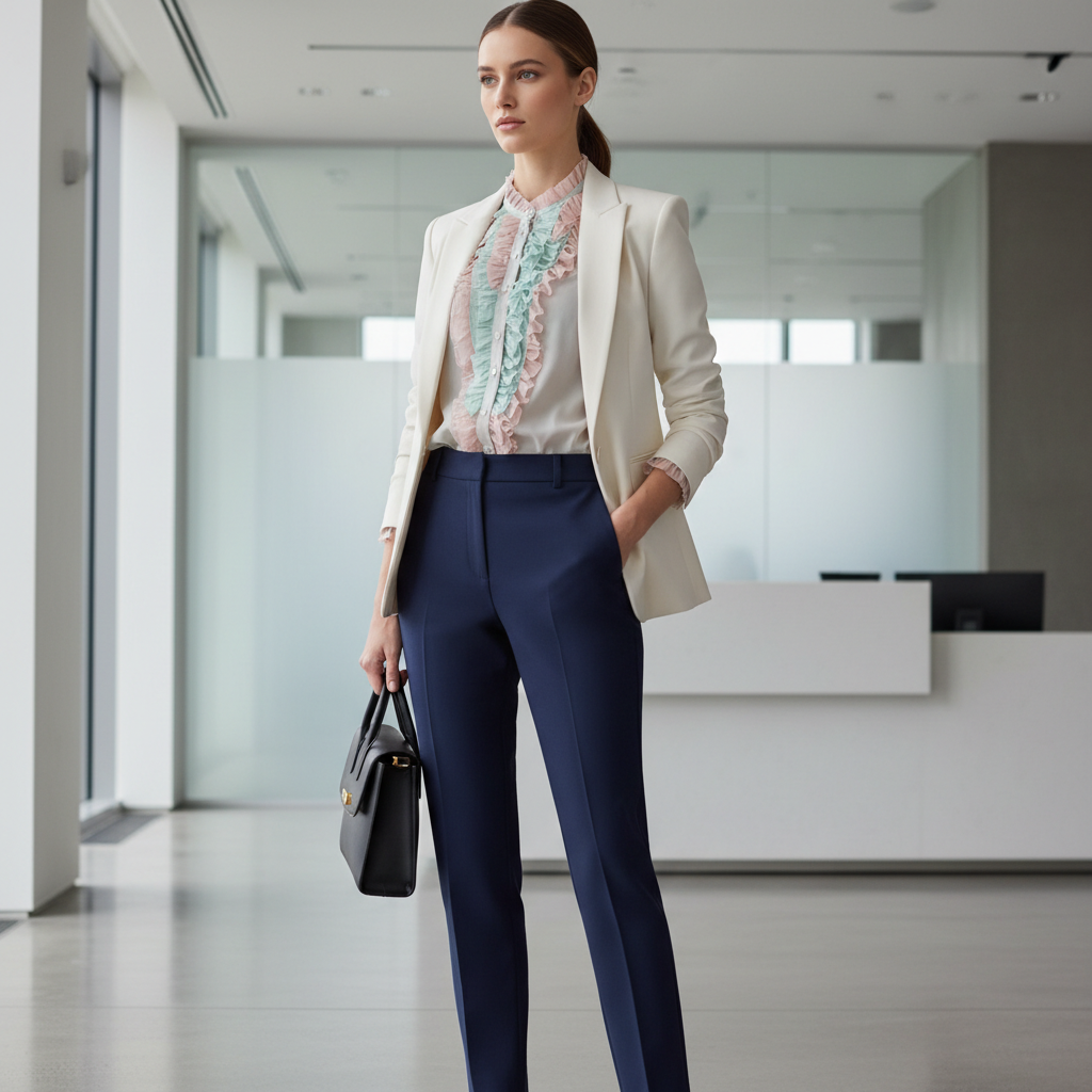 Office-ready women ruffle blouse dressy casual outfit with blazer and tailored pants